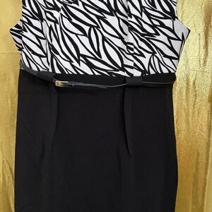 Connected Black & White Sleeveless Sheath Dress with Leaf Print Top